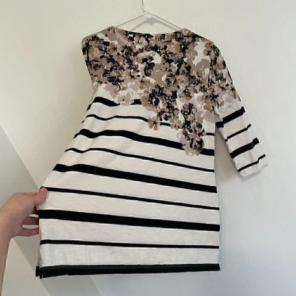 COLDWATER CREEK White Black Striped Brown Floral Mixed Print 3/4 Sleeve Tee Top - Picture 11 of 13